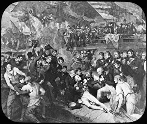 Admiral Lord Nelson wounded at the Battle of Trafalgar, 1805. Artist: Newton & Co Admiral Lord Nelson wounded at the Battle of Trafalgar, 1805. Artist: Newton & Co