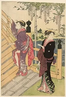 Shrine Collection: Admiring the wisteria at Kameido Shrine, c. 1786. Creator: Torii Kiyonaga