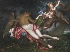 Cupid Prints: Adolescent Cupid weeping over the portrait of Psyche whom he has lost
