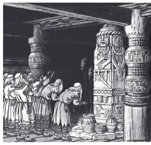 The Adoration of the god Svetovid, 1934. Artist: Bilibin, Ivan Yakovlevich (1876-1942) The Adoration of the god Svetovid, 1934. Artist: Bilibin, Ivan Yakovlevich (1876-1942)