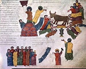 Leon Gallery: Adoration of the Golden Calf, miniature in a Mozarabic bible from 10th century