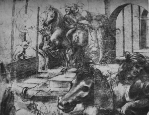Galleria Degli Uffizi Prints: Adoration of the Magi - Architecture and figures in the background on the left