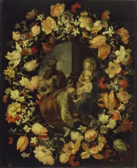 Visiting Prints: Adoration of the Magi framed by a Garland of Flowers, 1650. Creator: Mario Nuzzi