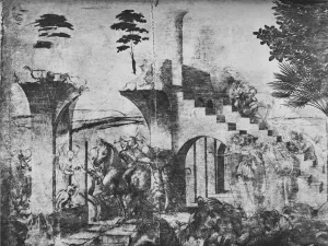 Adoration of the Magi - Horsemen in the middle distance on the left, c1481 (1945). Artist: Leonardo da Vinci Adoration of the Magi - Horsemen in the middle distance on the left, c1481 (1945). Artist: Leonardo da Vinci