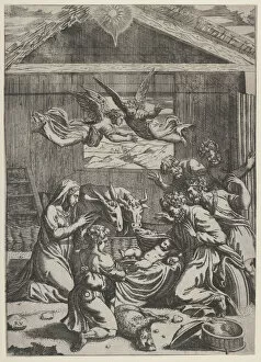Nativity Gallery: The Adoration of the Shepherds, ca. 1500-1550. Creator: Marcantonio Raimondi