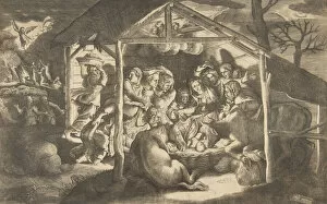 Adoration Gallery: The adoration of the shepherds, various figures surrounding the Christ Child in the cen