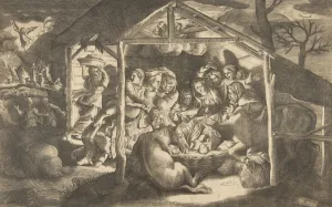 Beit Lehem Prints: The adoration of the shepherds, various figures surrounding the Christ Child in the cen