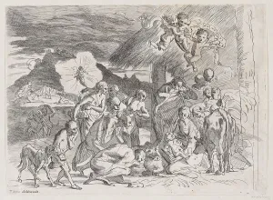 Testa Pietro Prints: The adoration of the shepherds who gather at left