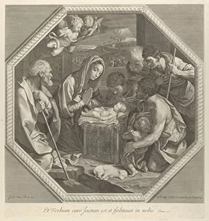 Sheepskin Gallery: The adoration of the shepherds who kneel together at right before the infant Christ