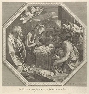 Animal Skin Collection: The adoration of the shepherds who kneel together at right before the infant Christ