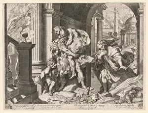Agostino Carracci Collection: Aeneas and His Family Fleeing Troy, 1595. Creator: Agostino Carracci (Italian, 1557-1602)