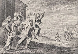 Anchises Gallery: Aeneas fleeing Troy, with a group of six figures leaving the city at left