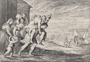 Fleeing Prints: Aeneas fleeing Troy, with a group of six figures leaving the city at left