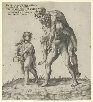 Aeneas Collection: Aeneas rescuing Anchises, a young boy carrying a lantern at left, ca. 1525. ca. 1525