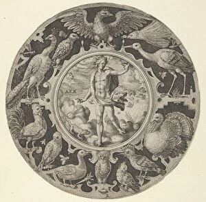 Crispijn De Passe Gallery: Aer in a Decorative Border with Birds, from a Series of Circular Designs with the F