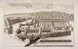 Charterhouse Prints: Aerial view of Charterhouse, Finsbury, London, 1755