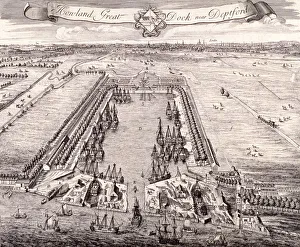 Aerial view of Howland Great Dock, Rotherhithe, Bermondsey, London, c1717. Artist