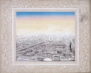 Aerial view of London framed in a decorative border, c1845. Artist: Kronheim & Co