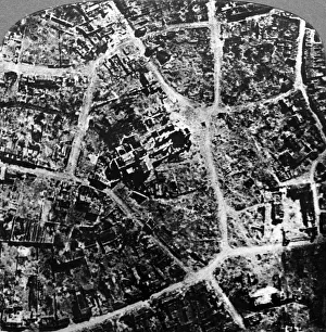 Aerial view of the ruins of the town and basilica of Albert, France, World War I, 1914-1918. Artist: Realistic Travels Publishers