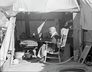 Okie Prints: Aged woman from Oklahoma, Kern County migrant camp