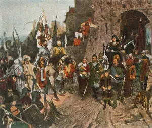 Czech Prints: Agnes von Rosenberg surrenders her fathers castle to the Hussites, 1426, (1936)