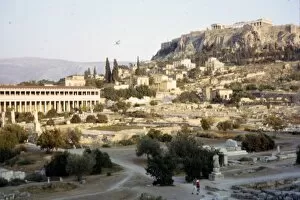 Acropolis Of Athens Collection: Agora, Stoa of Attalos and Acropolis, Athens, Evening, c20th century