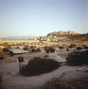 Athens Prints: The Agora and Stoa of Attalos with Acropolis beyond, Athens, c20th century