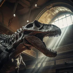 Paleontology Prints: AI IMAGE - Fossilised remains of a Tyrannosaurus rex in a museum