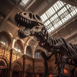 Paleontology Prints: AI IMAGE - Fossilised remains of a Tyrannosaurus rex in a museum