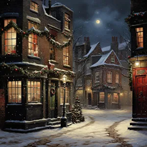 Streetlighting Prints: AI Image - Illustration of a Dickensian Christmas street scene