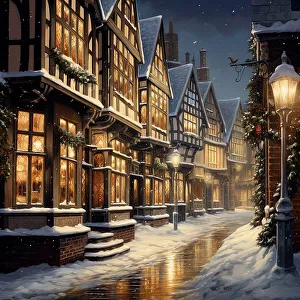 Street Lamp Prints: AI Image - Illustration of a Dickensian Christmas street scene