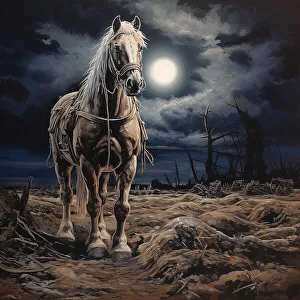 Courage Prints: AI IMAGE - Illustration of a horse in a World War 1 battlefield setting