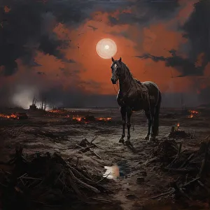 AI IMAGE - Illustration of a horse in a World War I battlefield setting, 2023. Creator: Heritage Images