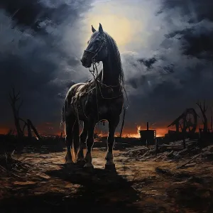 Courage Prints: AI IMAGE - Illustration of a horse in a World War I battlefield setting