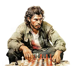 Chess Prints: AI IMAGE - Portrait of Che Guevara playing chess