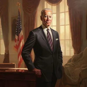 Us Flag Prints: AI IMAGE - Portrait of Joe Biden in the Oval Office, 2023. Creator: Heritage Images