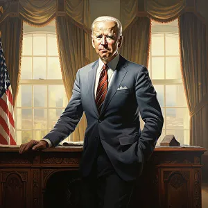 Us Flag Prints: AI IMAGE - Portrait of Joe Biden in the Oval Office, 2023. Creator: Heritage Images