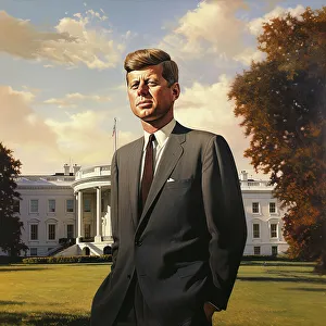 President Prints: AI IMAGE - Portrait of John F Kennedy standing in front of the White House