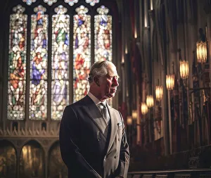 King Charles Iii Prints: AI IMAGE - Portrait of King Charles III inside a church, 2023. Creator: Heritage Images