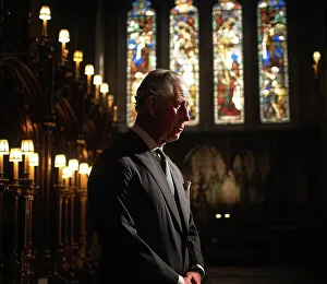 King Charles Iii Prints: AI IMAGE - Portrait of King Charles III inside a church, 2023. Creator: Heritage Images