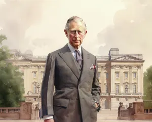 Heritage Imagined Prints: AI Image - Portrait of King Charles III standing in front of Buckingham Palace