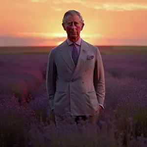 Double Breasted Prints: AI IMAGE - Portrait of King Charles III standing in a lavender field