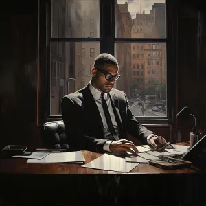 Civil Rights Prints: AI IMAGE - Portrait of Malcolm X, 1960s, (2023). Creator: Heritage Images