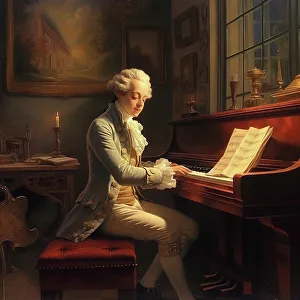 Composing Prints: AI IMAGE - Portrait of Mozart playing the piano, 1770s, (2023). Creator: Heritage Images