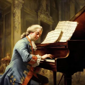 Composing Prints: AI IMAGE - Portrait of Mozart playing the piano, 1780s, (2023). Creator: Heritage Images