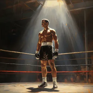 Champion Prints: AI IMAGE - Portrait of Muhammad Ali standing in a boxing ring