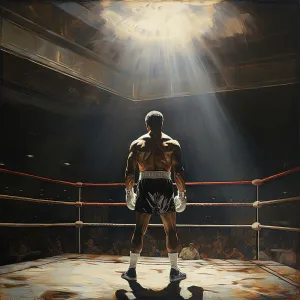 Champion Prints: AI IMAGE - Portrait of Muhammad Ali standing in a boxing ring