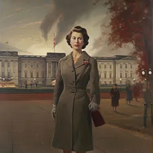 AI IMAGE - Portrait of Princess Elizabeth in front of Buckingham Palace, 1950s, (2023). Creator: Heritage Images