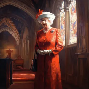 Head Of State Prints: AI IMAGE - Portrait of Queen Elizabeth II inside a church