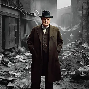 Damage Prints: AI IMAGE - Portrait of Sir Winston Churchill standing in bomb-damaged London street